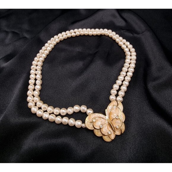 Vintage 1980s KJL For Avon Double-Strand Faux Pearl Necklace W/ Gold-Tone Butter - Picture 1 of 6